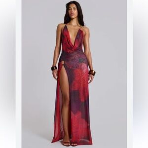 Jaded London Vixen Red Maxi Dress micro mesh print cut out Revolve NWT 2